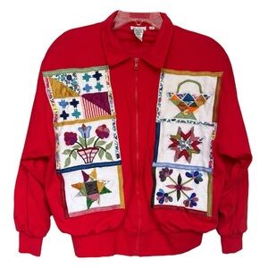 Vintage 90s Quilted Patchwork Sweater Jacket Size Small Red